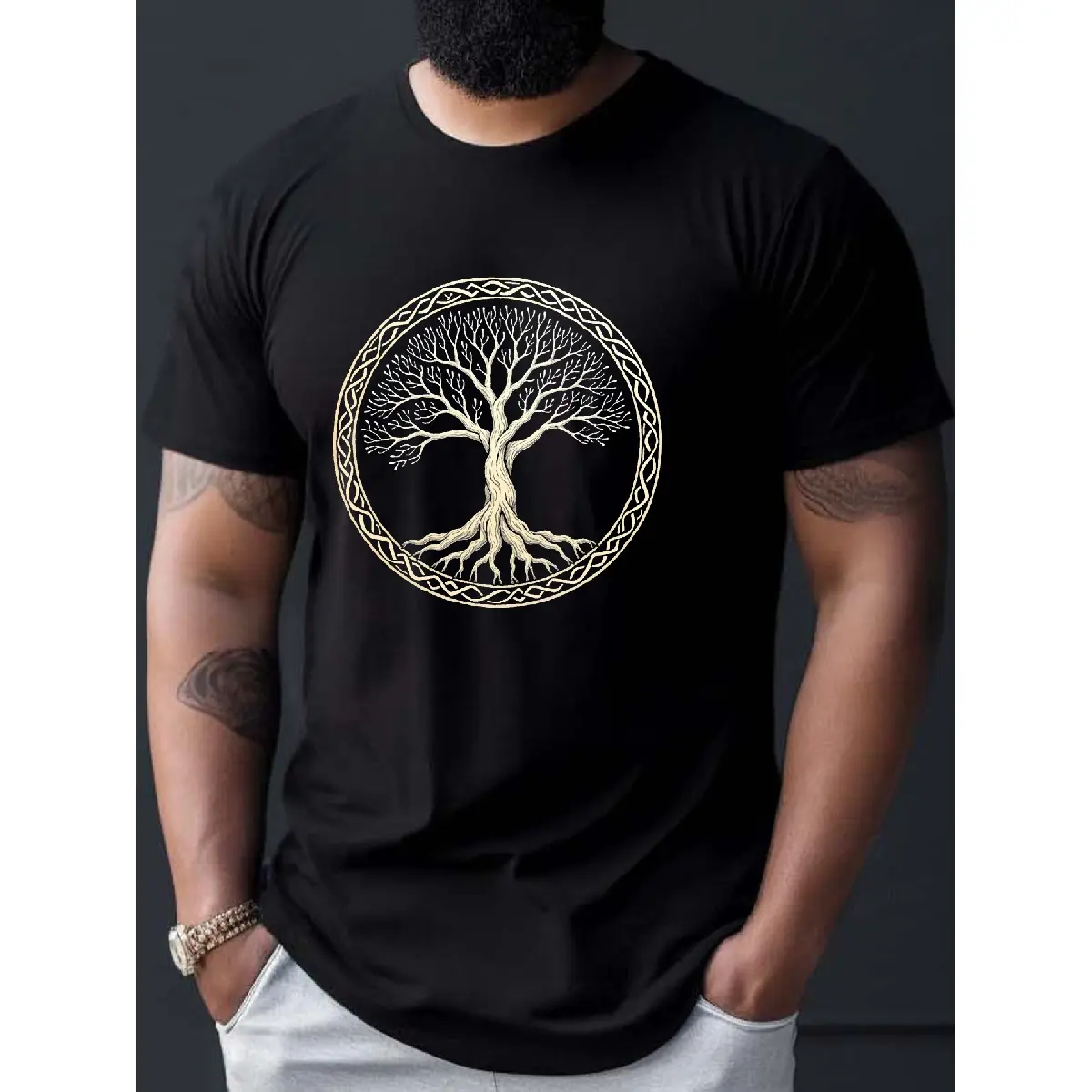 Men's Celtic Tree of Life Graphic T-Shirt - Black & Beige Geometric Art Crew Neck Short Sleeve, Breathable Summer Casual Tee, Regular Fit Machine Washable, Casual Attire, Traditional Symbolism Shirt, Comfortable Fabric Shirt, Lightweight Top, Durable Tee,