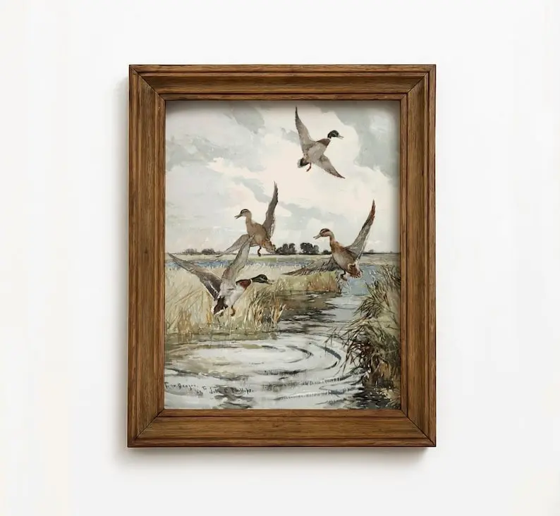 Vintage Mallard Ducks Graphic Print Paper Wall Art Poster, Colorful Animal-Themed Bordered Decoration, Multi-Size Room Photo Decor