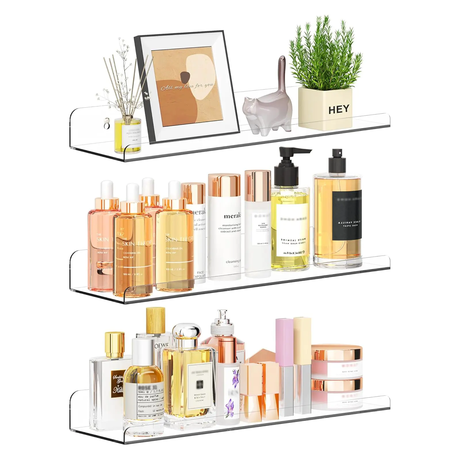 Qukaka Floating Shelves for Wall Decor, 15" Extra Clear Wall Shelves for Bedroom, Living Room, Kitchen, Bathroom Decor, Nail Polish/Book/Decoration/Makeup/Perfume Organizer Floating Shelf-3Pack