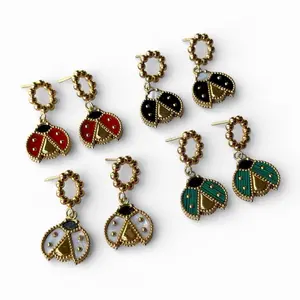 Ladybug Earring Stainless Steel with Colorful Enamel Accents and Gold Tone Beaded Details for Stylish Everyday Wear