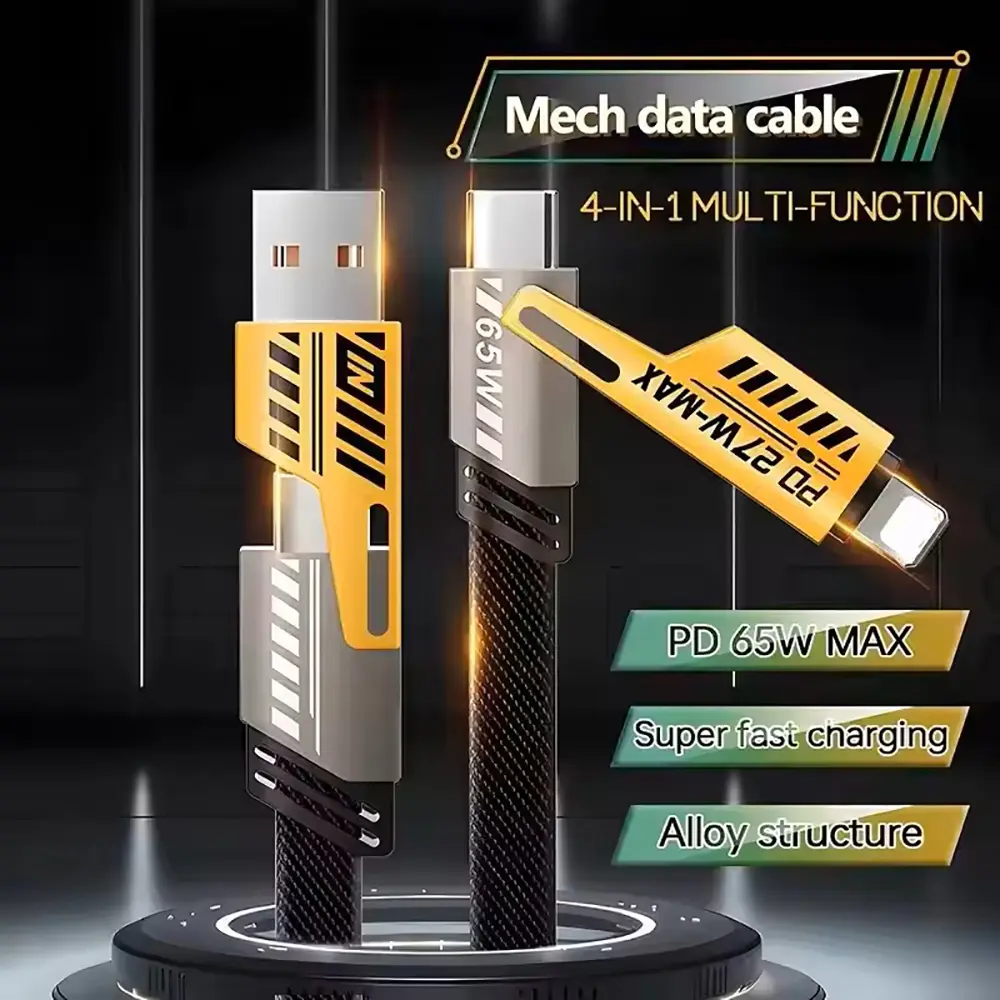 1M Data Cable 4-in-1 PD65W Multi-Function Type-C Charging Cable Fast Charger Cable for iPhone/Android Phones