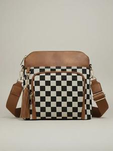 women's fashionable plaid pattern adjustable shoulder bag, casual versatile shoulder bag for daily used, trendy all-match commuter bag, shoulder purse, checkerboard pattern purse