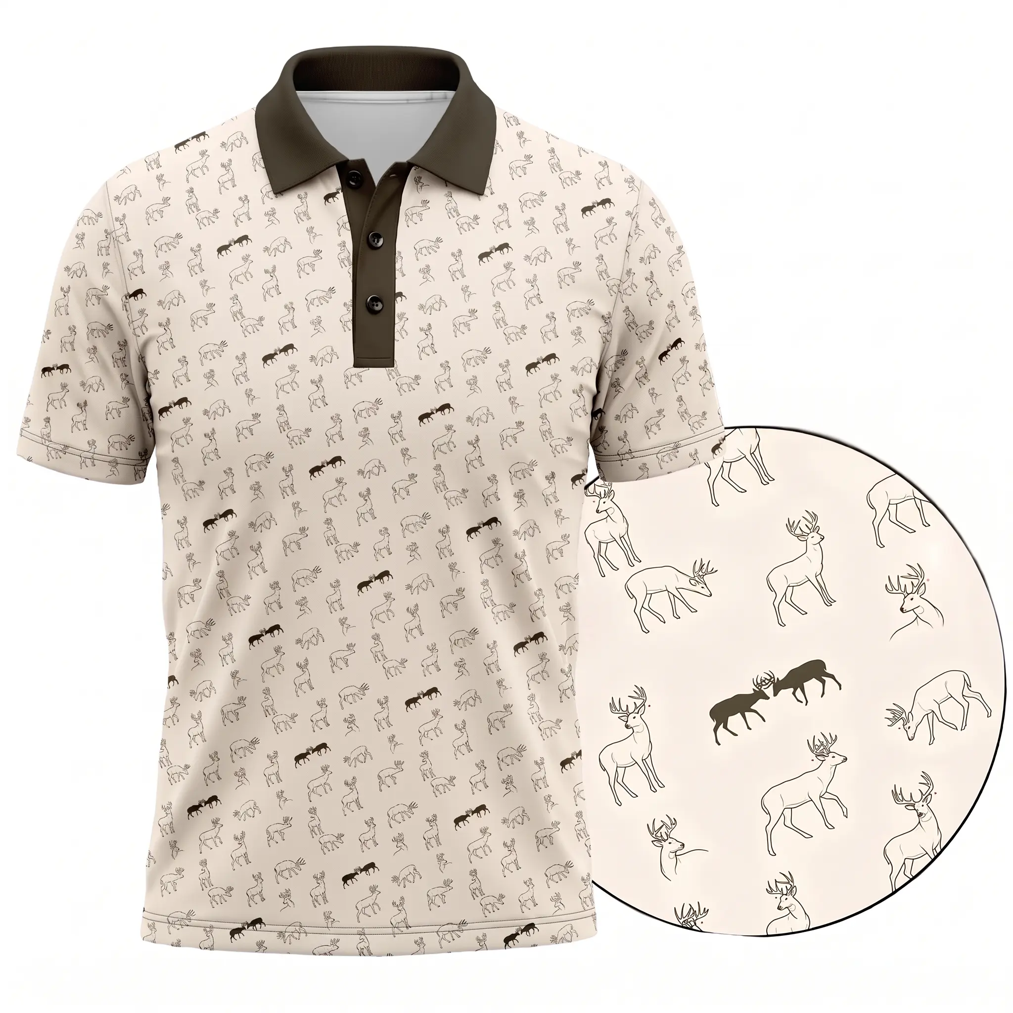 Men’s Deer Hunting Sublimation Polo Shirt - All Over Textured Buck Graphics, Short Sleeve Menswear, Personalized Casual Outdoor Gift for Hunters, Shortsleeve