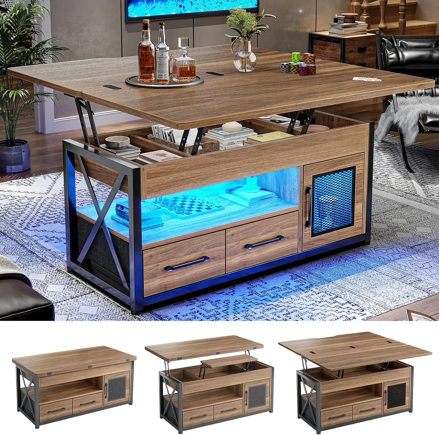Itaar 40" Lift Top Coffee Table, 4 in 1 Coffee Tables with Storage Cabinet for Living Room, Small Farmhouse Coffee Table with 2 Fabric Drawers & LED Light for Dining Room