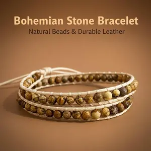 72H FLASH SALE Natural Stone Wrap Bracelet | Picture Jasper & Turquoise | Boho Vintage Adjustable Leather Bracelet