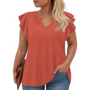 DOLNINE Womens Plus Size Summer Tops 1XL-5XL Cute Notched V Neck T Shirts Dressy Ruffle Short Sleeve Blouses Trendy Casual Tunics Tee VPS0153