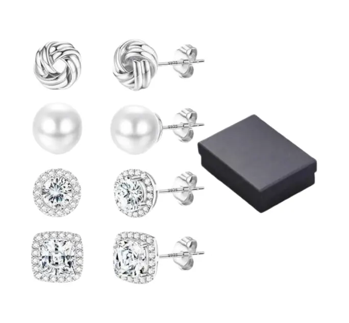 4 Pairs Hypoallergenic Stud Earrings for Women - 4Pairs Sterling Silver Earrings 14K Gold Plated Big Simulated Pearl Love Knot Brilliant Cubic Zirconia CZ Halo Stud Earrings for Sensitive Ears