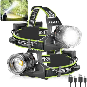 Rechargeable Headlamp 2 Pack, Super Bright Headlamp for Adults, IPX7 , Adjustable Zoom & Red Light, 8 Modes for Camping, Hiking, Running, Fishing