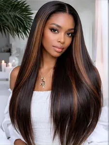 28" Black to Chestnut Highlight Ombre Lace Front Wig Straight 13x4 HD Lace Pre-Plucked Natural Hairline Heat-Resistant Synthetic Hair Free Part Daily Glam
