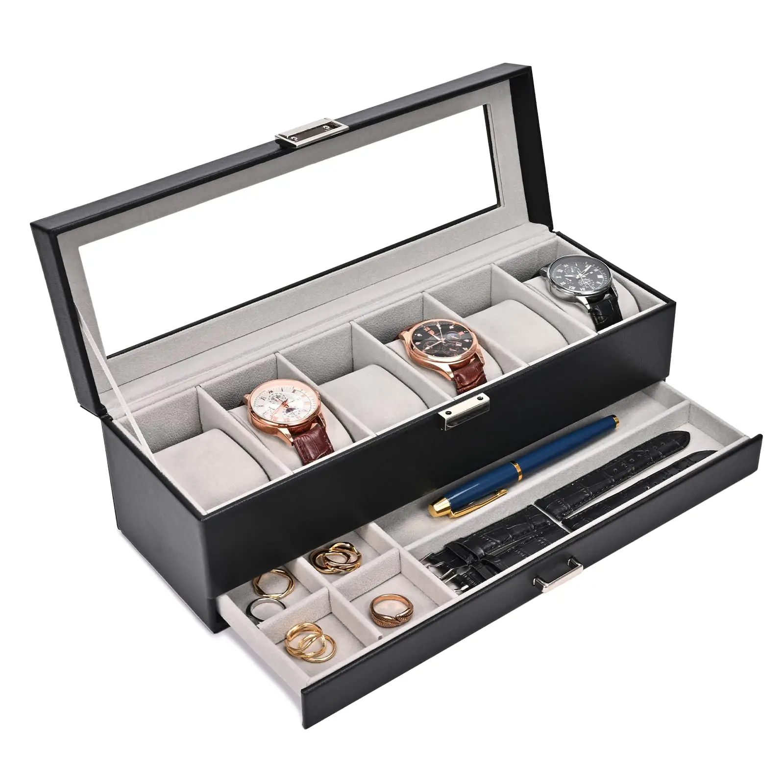 Watch Box, 6 Slot Watch Display Case with Drawer -Black | Mens Watches Case with Glass Lid, 2-Layer Mens Jewelry Organizer Storage Holder, Christmas Anniversary Birthday Gifts for Men
