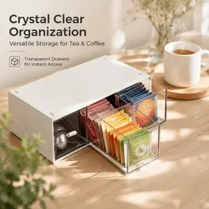 3-layer tea bag storage box, multi-purpose, compartmentalized plastic storage box, dustproof drawer box, suitable for coffee capsules, kitchen and office use, kitchen and home storage, multi-layer storage.
