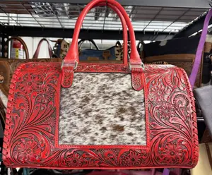 Genuine hand tooled leather & cowhide speedy bag- Red tooled with cowhide patch