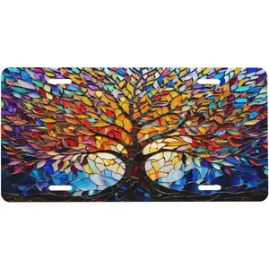 Stained Glass Tree of Life Front License Plate 6x12 – Colorful Bohemian Vanity Tag for Car Truck SUV – Cute Aluminum Metal Cover with 4 Holes