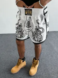 Men's Dragon Print Muay Thai Shorts, White Boxing Trunks With Letter Print, Retro Streetwear Suitable For MMA Training And Daily Wear