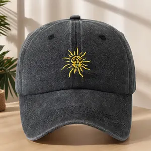 Celestial Sun Face Embroidery Vintage Washed Dad Hat, Boho Aesthetic Cotton Baseball Cap for Women, Casual Distressed Sun Hat for Summer Music Festival Beach Vacation, Cute Astrology Gift for Her