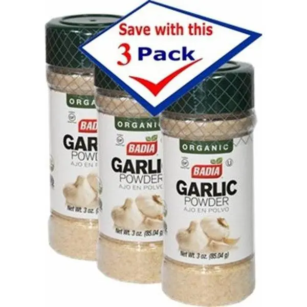 BADIA Certified Organic Garlic Powder Spice - 3 oz, Pack of 3, US-Sourced Pantry Staples, Essential for Food Seasoning