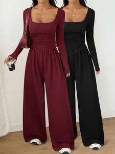 Women's 2-Piece Fall Winter Knit Solid Color Square Neck Fashion Comfortable Fit Simple Versatile Long Sleeve Wide Leg Jumpsuit Set