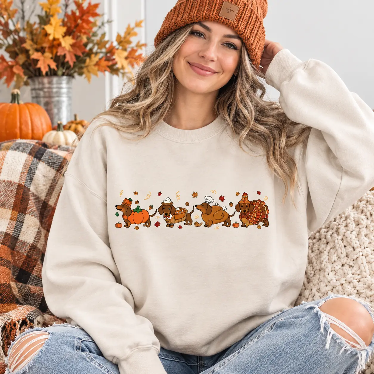 Cute Thanksgiving Dachshund Sweatshirt, Funny Wiener Dog Fall Crewneck, Pumpkin Turkey Autumn Sweatshirt, Cozy Doxie Lover Gift, Harvest Season Apparel