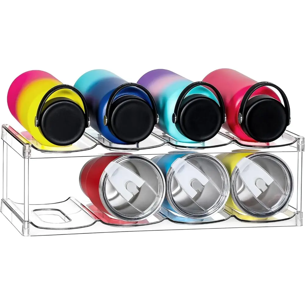 Compartment-2 Tier Stackable Water Bottle Organizer Holder-for 40oz & Others' Large Tumbler-Clear Rack, 8 Cup Bottle Holder for Cabinet Home Countertop Fridge Pantry Shelf