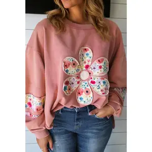 Peach Blossom Plus Size Floral Applique Drop Shoulder Sweatshirt