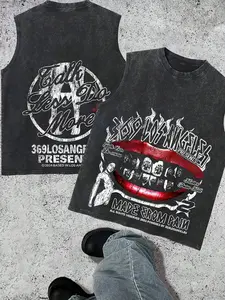 Vintage Distressed Cotton Street Style Graphic Print Sleeveless Fitted Vest, Modern Print Aesthetic, Y2K Decadent Daily Wear, Men's Casual Street Fashion Menswear