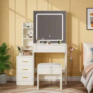 Vanity Desk with Three-Color LED Lights & Movable Mirror – Lighted Makeup Table, Dressing Table with Adjustable Lighting, Vanity Station for Bedroom