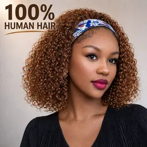 Ronashow Headband Bob Human Hair Wigs 8-12 Inch Wigs Human Hair Headband Wig Curly Hair Glueless  Machine 100% Unprocessed Hair None Lace Front Wigs  Made No Lace deep Curly Headband Wig Natural Color