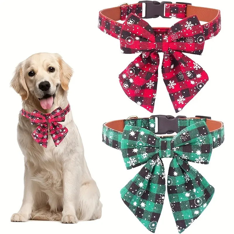 Classic Red-Green Plaid Christmas Dog Collar with Removable Bow Tie, Holiday Look Pet Accessory for Large Dogs