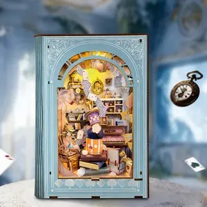 3D Wooden Puzzle Stress Relief Set DIY Wooden Book Nook Miniature Model Kit with LED Micro-World Dollhouse, Festival Decoration & Ideal Gift for Adults, Teenagers and Craft Enthusiasts (Alice's Magical Tea Party)