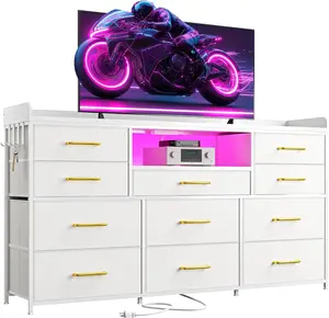 Raybee LED TV Stand for Living Room with Charge Station Fit 45" 50" TV, 11 Fabric Drawer Dresser for Bedroom with Power outlets Entertainment Center, for Living Room Hallway Closet