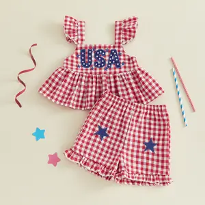 Afunbaby Kids Baby Little Girls Independence Day Outfits Letter USA Star Embroidery Flying Sleeve Square Neck Tops and Plaid Shorts 4th of July Clothes Set