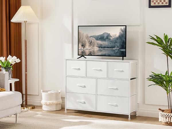 Drawer Dresser Organizer Storage Drawers Fabric Storage Tower with 7 Drawers, Chest of Drawers with Fabric Bins, Steel Frame, Wood Top