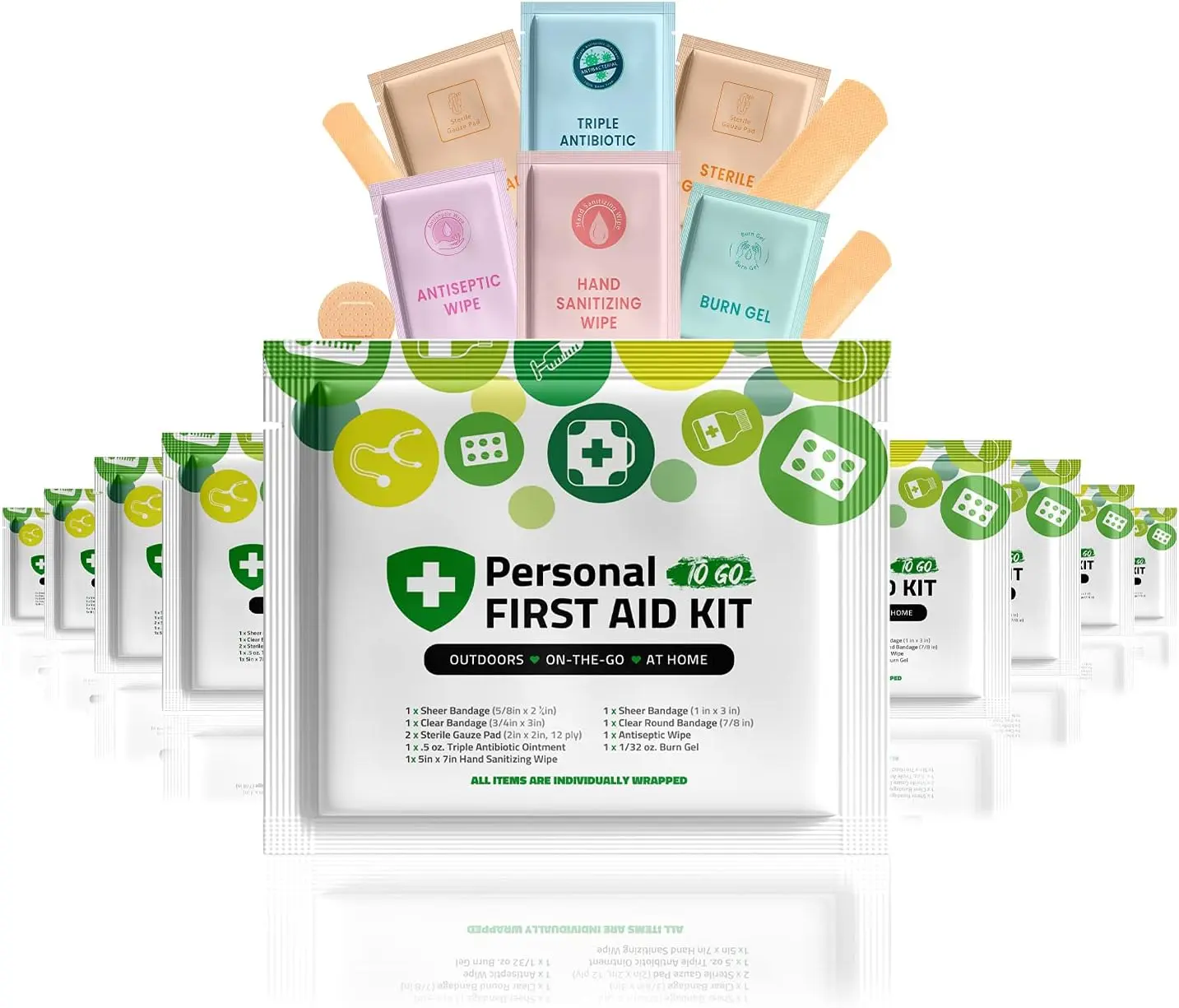 Personal First Aid Kit - 10 Pack Green with Antiseptic, Hand Sanitizer, Burn Care & 1 First Aid Bag