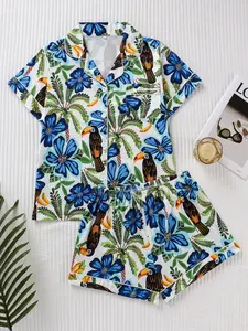 Women's Tropical Rainforest Print Pajama Set, Loungewear, Collared Button Short Sleeve & Elastic Comfort Shorts, Casual Vacation Sleepwear