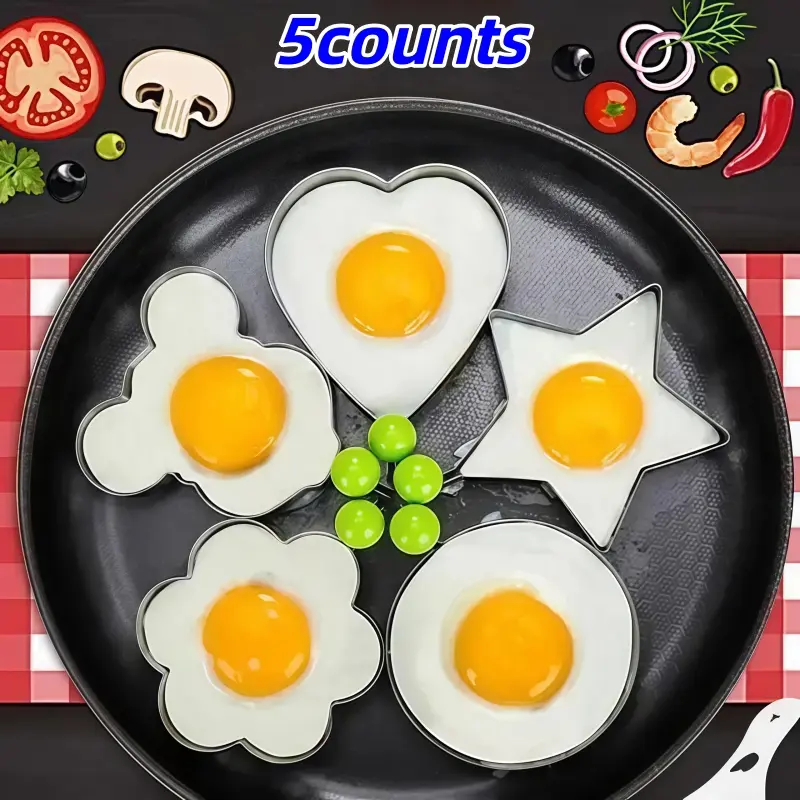 5-Piece Non-Stick Stainless Steel Egg Ring Molds Shaped Set, Egg Rings For Frying Eggs, Durable Silicone Pancake Rings & Fried Eggs Mold Tools, Kitchen Cooking Accessories, Egg Utensils, Kitchenware