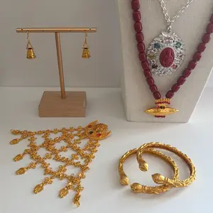 Nepali Traditional Jewelry Set with Gold Earrings, Beaded Necklace, and Bangle Bracelets as Shown