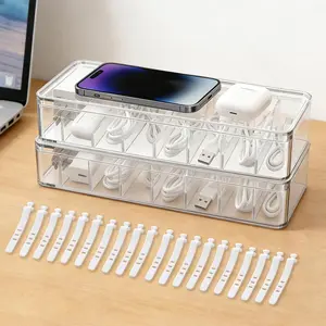 2 Pack Cable Organizer Box with Lid - Stackable Charger Cord Storage Organizer with 20 Wire Ties - Adjustable Compartments Phone Cables Wire Management Box for Drawer Desk Office Home Accessories