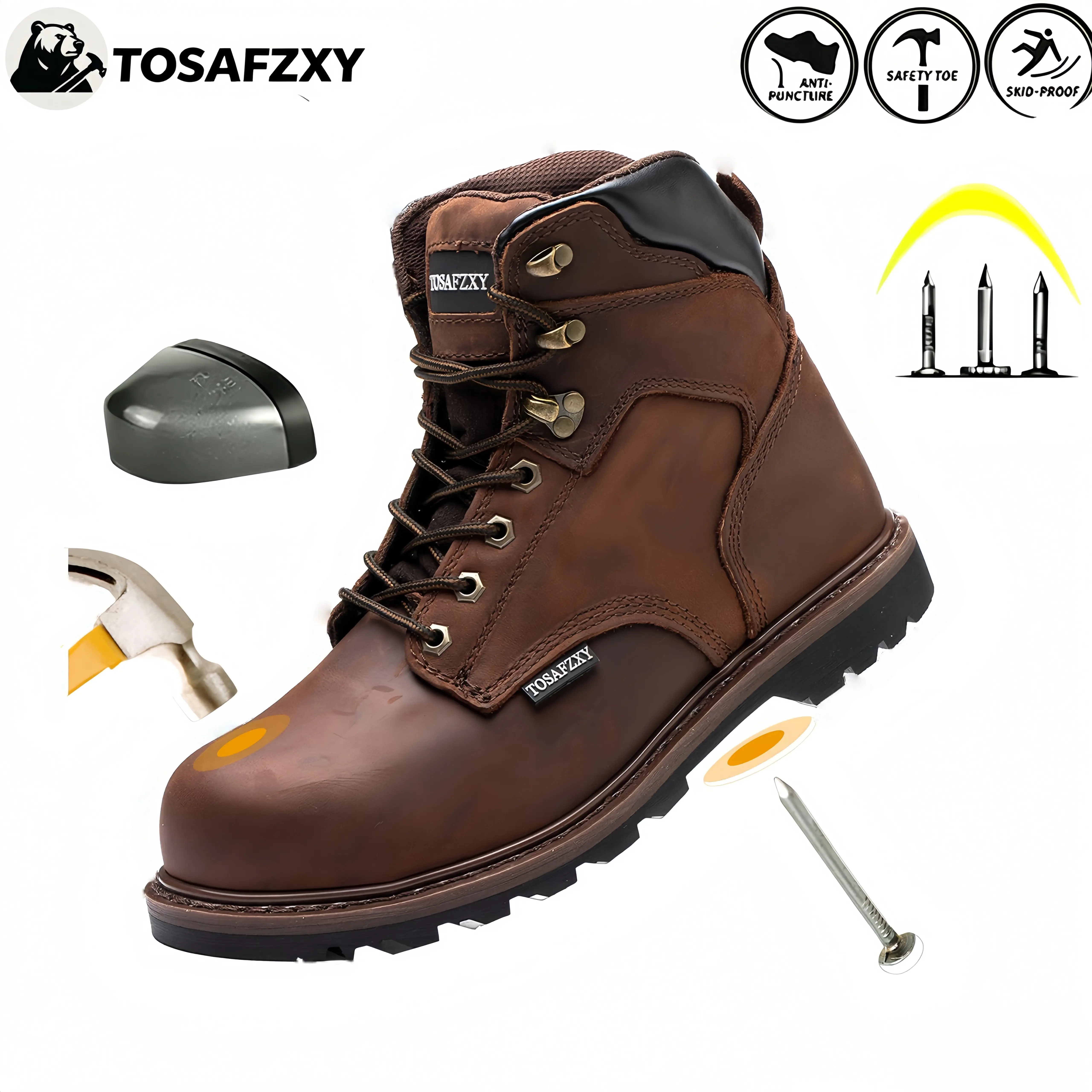 TOSAFZXY Work Boots for Men, Goodyear Welt Crazy-Horse Leather with Steel Toe, Waterproof and Non-Slip Rubber Outsole, Soft, Shoes, Walking Shoes, Footwear, Closed, Worker, Laces, Cuban