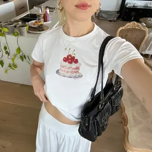 Pink Cherry Cake Painting y2k Baby Tee  Coquette Vintage Artwork Shirt