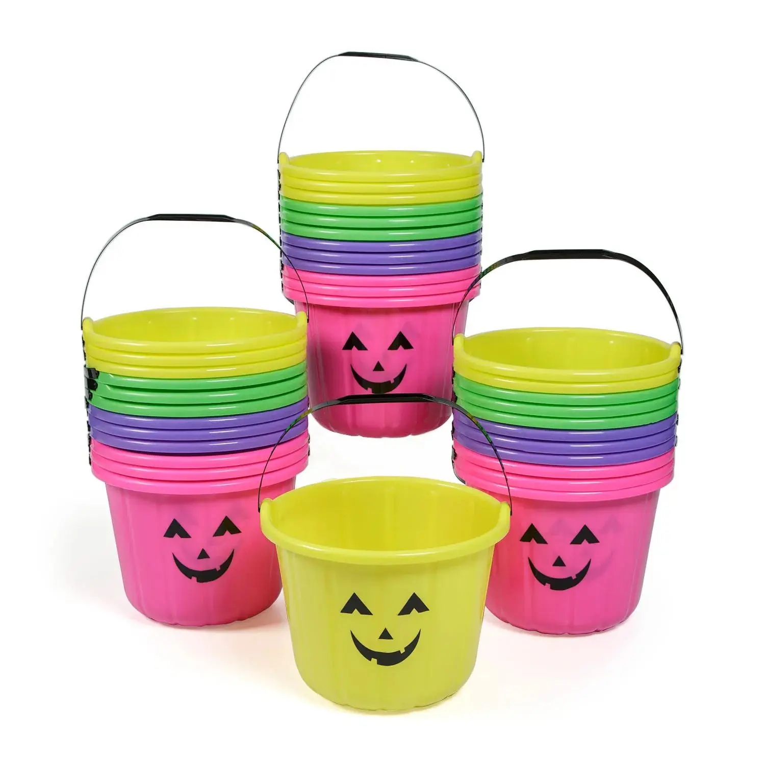 Multicolor Neon Unisex BPA-Free Plastic Jack-O'-Lantern Trick-Or-Treat Buckets, Bulk 72-Pc Set, Halloween Party Favors for Kids, Kid Gifts