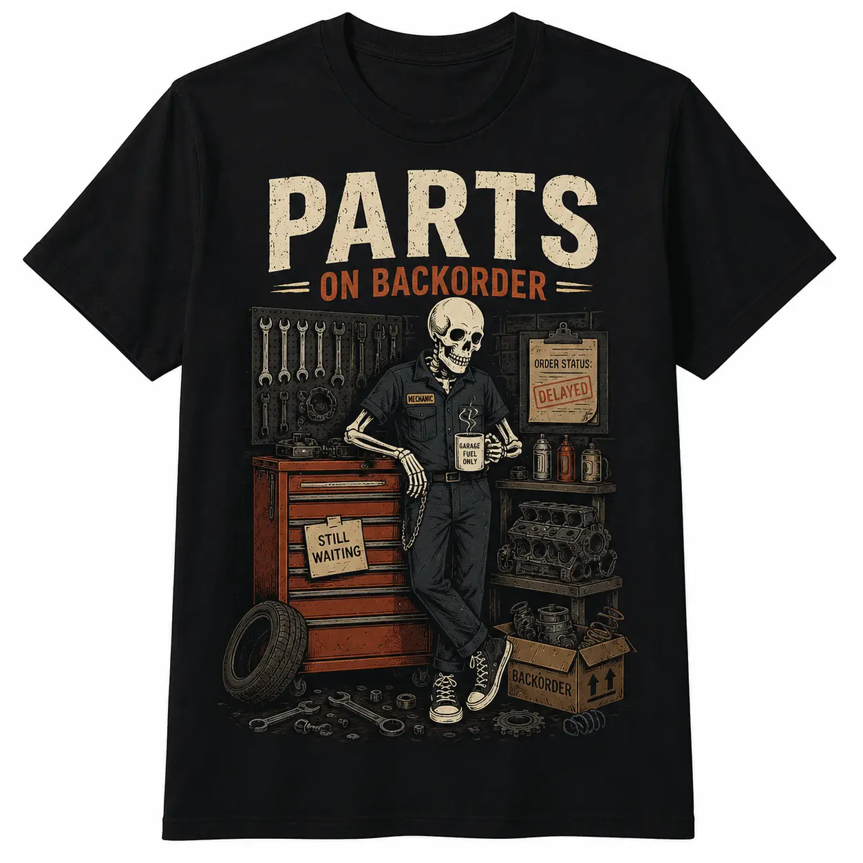 Waiting On Parts Funny Skeleton Auto Mechanic Technician T-Shirt For Men Women Couple | Trendy Tops Short Sleeve, Street Style, Comfort Tee, Casual Summer Tee, Must-Have Fashionable Tee