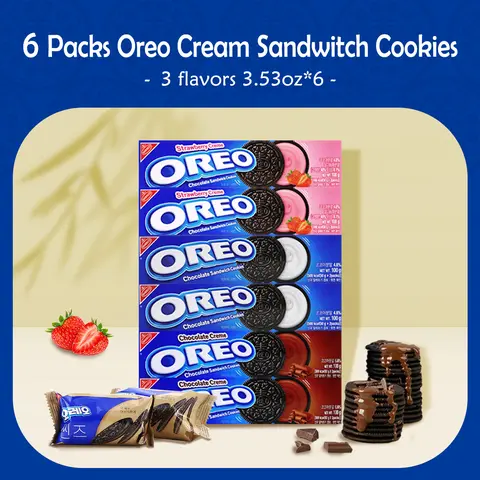 Oreo Cream Sandwitch Cookies, Strawberry Chocolate Original , 3.53oz/Pack - [6Packs/One Pack] Oreo Strawberry Chocolate White Creme Sandwich Cookies Crackers 3 Flavors Biscuits