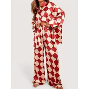 Women's Checkerboard Print Loungewear Set Long Sleeve Lapel Button Tops Long Pants Oversized Sleepwear