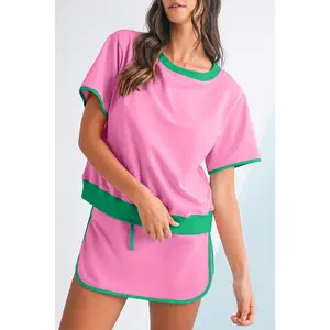 Bonbon Colorblock Edge Drop Shoulder T Shirt and Skort Set