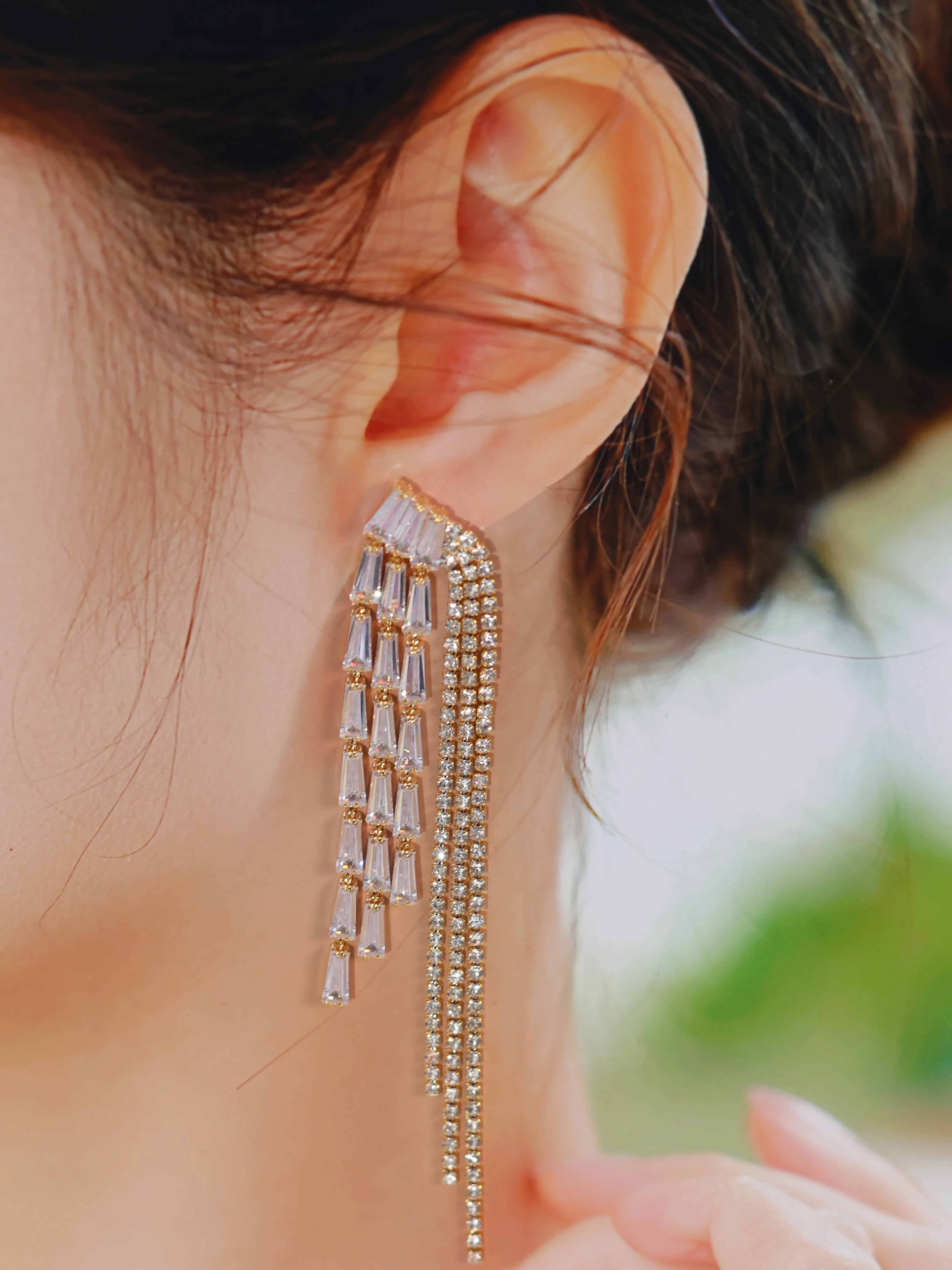 Silver Baguette Rhinestone Long Tassel Earrings, Multi Strand Crystal Fringe Chandelier Drop Earrings, Glam Evening Prom Statement Dangle Earrings;Gold Multi Layer Baguette Crystal Tassel Drop Earrings, Sparkly Rhinestone Fringe Chandelier Earrings
