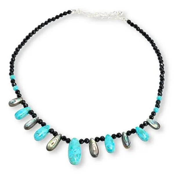 Mine Finds by Jay King Black Chalcedony, Turquoise and Abalone Shell Necklace