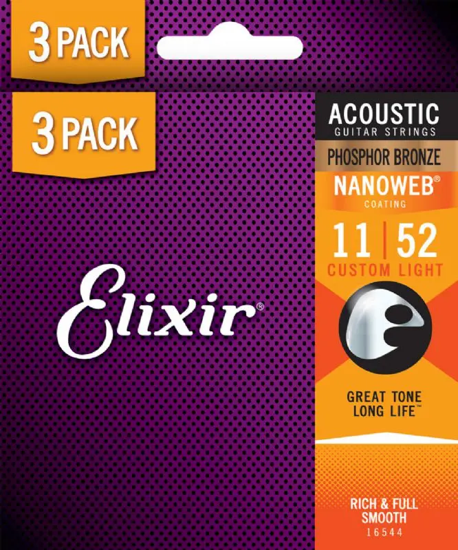 Elixir 16544X-U NANOWEB Phosphor Bronze Acoustic Guitar Strings - Custom Light 11-52 - Pack of 3