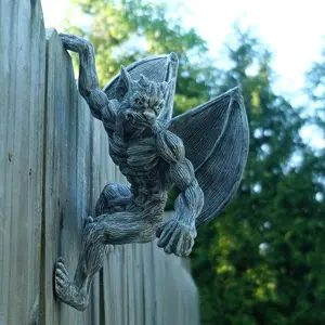 Dragon Winged Gargoyle Fence Hanger – Outdoor Wall Decor- Detailed Fence Topper Hanging Statue- Gothic Climbing Grotesque Dragon for Fence, Garden Patio, Gargoyle for Patio, Porch, Fence, Porch Gargoyle