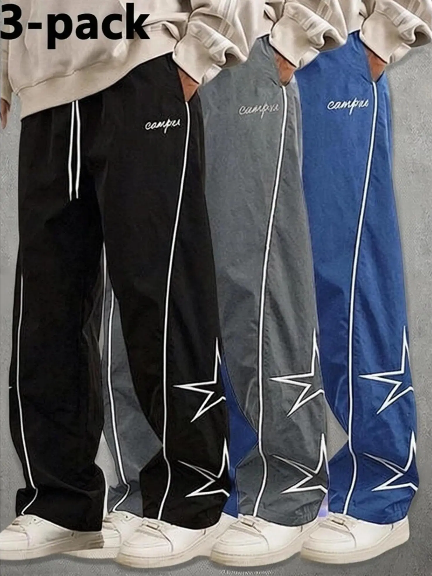 3-pack loose-fitting sweatpants for men. Star-patterned embroidered design for comfort. Sports casual bottoms. Workout pants. Streetwear. Autumn apparel. Men's fitness tracksuit. SpringStatements
