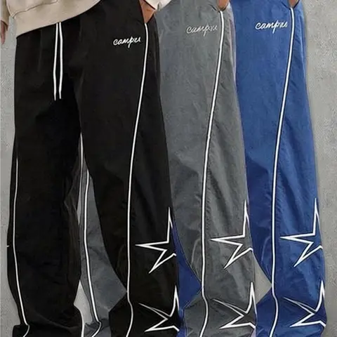 Men's 3-Pack Polyester Embroidered Star Baggy Sweatpants - Autumn Casual Gym Streetwear Bottoms, Machine Washable, Athletic Chic, Loose Fit, M Size, No Dry Clean, Mensfashion Clothes Products